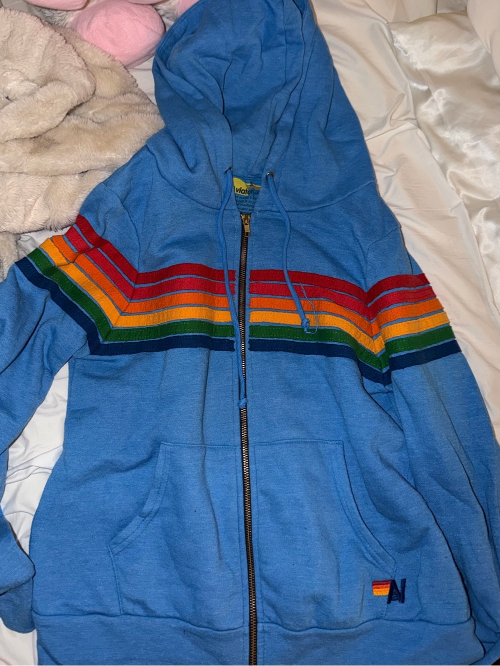 Aviator Nation Light Blue Zip Hoodie with Rainbow Stripes